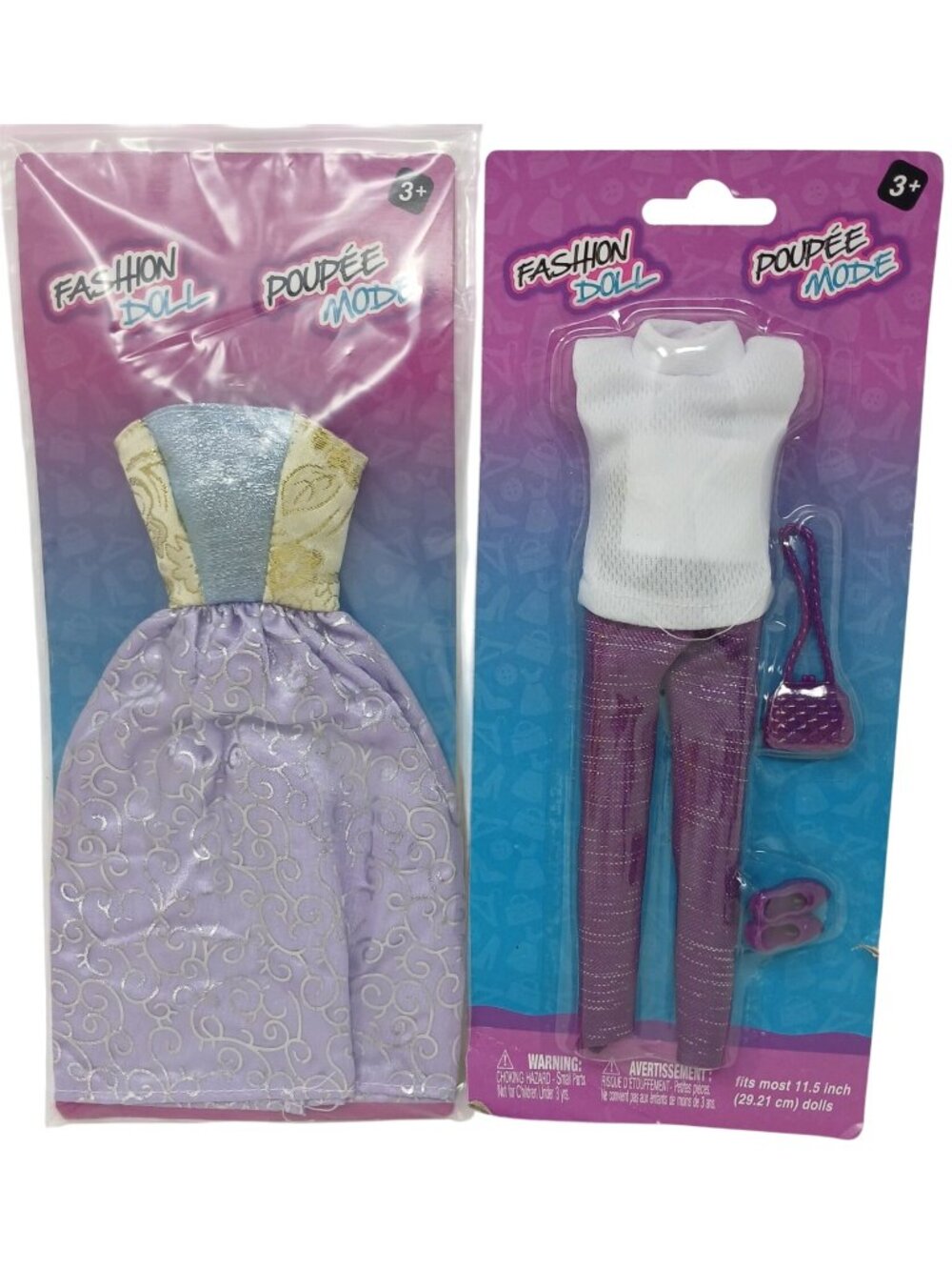 2 Fashion Doll Clothes Set Purple Gown White Top Pants Handbag Shoes #GS-7